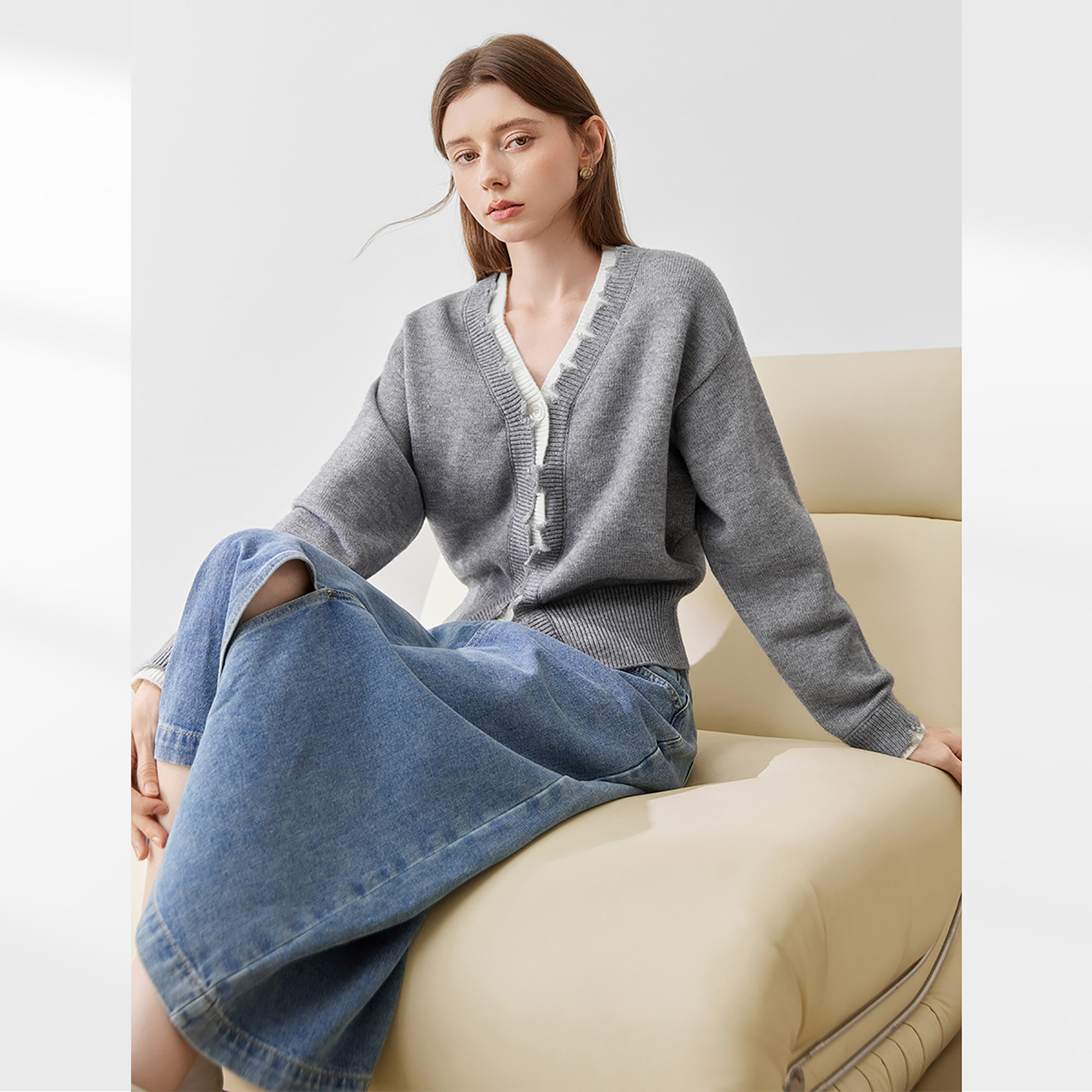 MEETLADY超好看撞色毛衣外套女2024冬季新款慵懒松弛感针织开衫女,淘宝优惠券,粉丝福利购,淘宝优惠卷