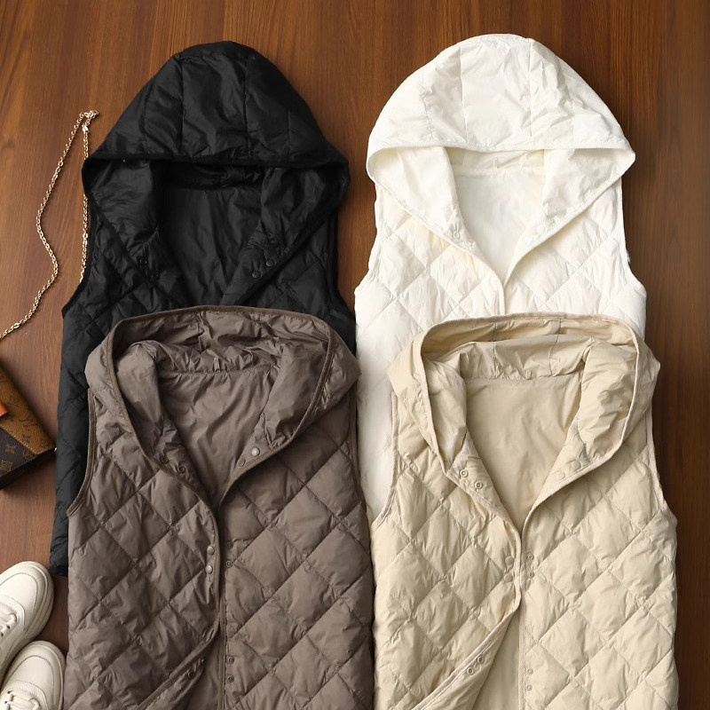 轻暖不臃肿菱格连帽背心羽绒棉马甲女秋冬开襟棉衣外套~清仓现货,淘宝优惠券,粉丝福利购,淘宝优惠卷