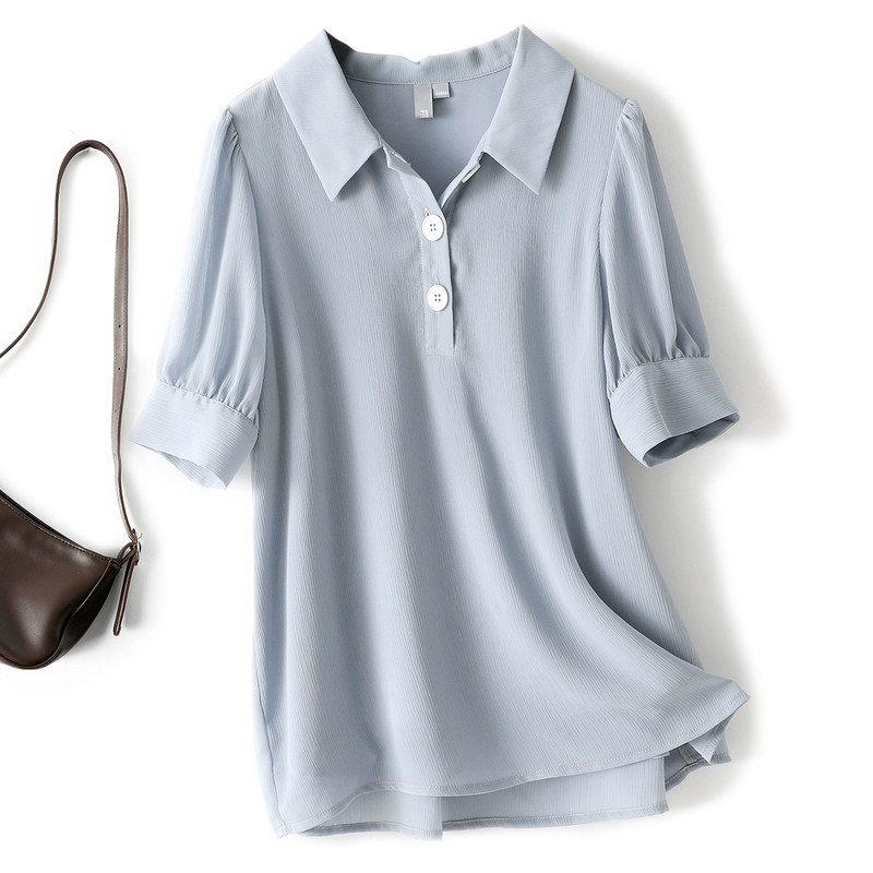 对白纯色短袖翻领泡泡袖2020 polo衫 对白蕾丝衫/雪纺衫