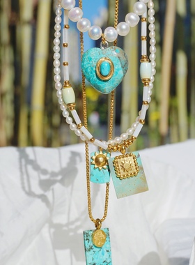 潘神斯欧珍珠项链原创手工天然绿松石项链春夏新品爱心太阳孤品