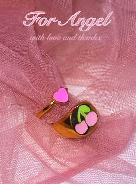 钛钢镀金欧美少女爱心樱桃戒指