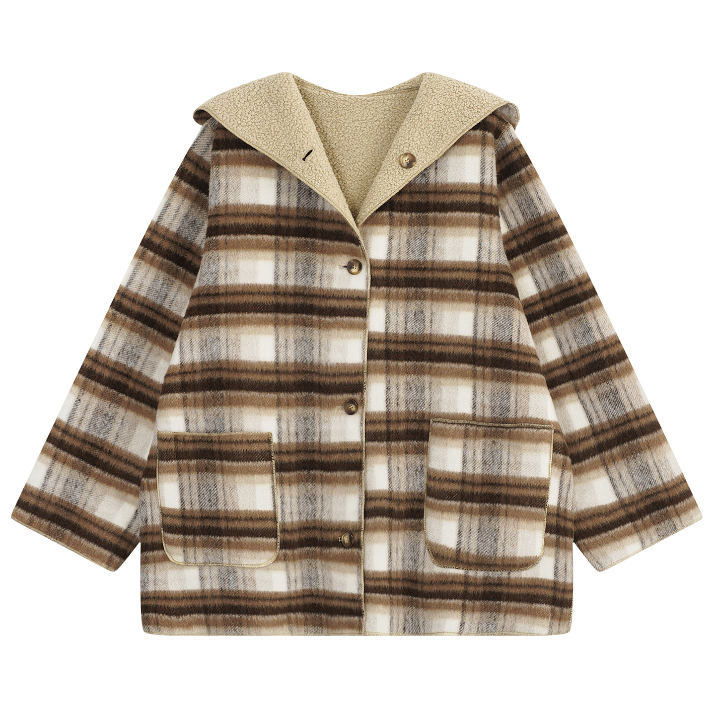 YUZI鱼子撞色格子连帽两面穿羊羔毛大衣秋冬宽松韩系外套大码女装,淘宝优惠券,粉丝福利购,淘宝优惠卷