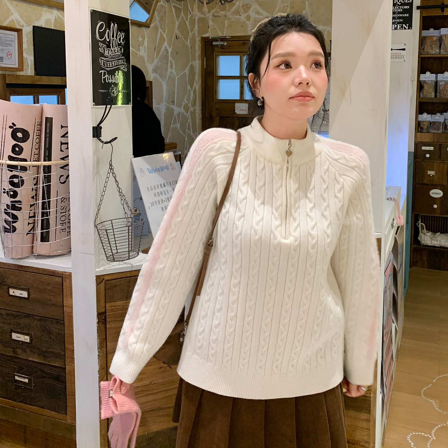 YUZI鱼子少女半拉链绞花毛衣女针织衫秋冬时尚潮流高级感大码女装,淘宝优惠券,粉丝福利购,淘宝优惠卷