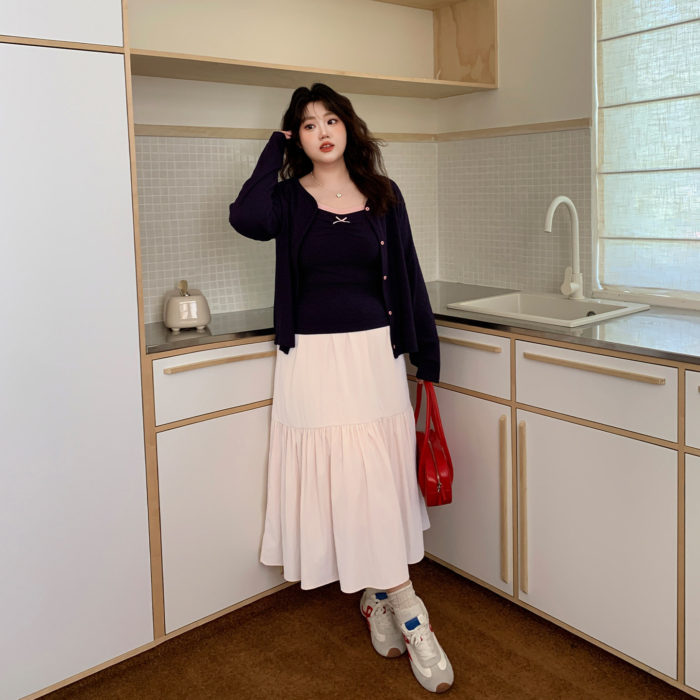 YUZI鱼子秋粉连衣裙大码女装微胖mm松紧腰显瘦遮肉200斤浪漫氛围 - 图2