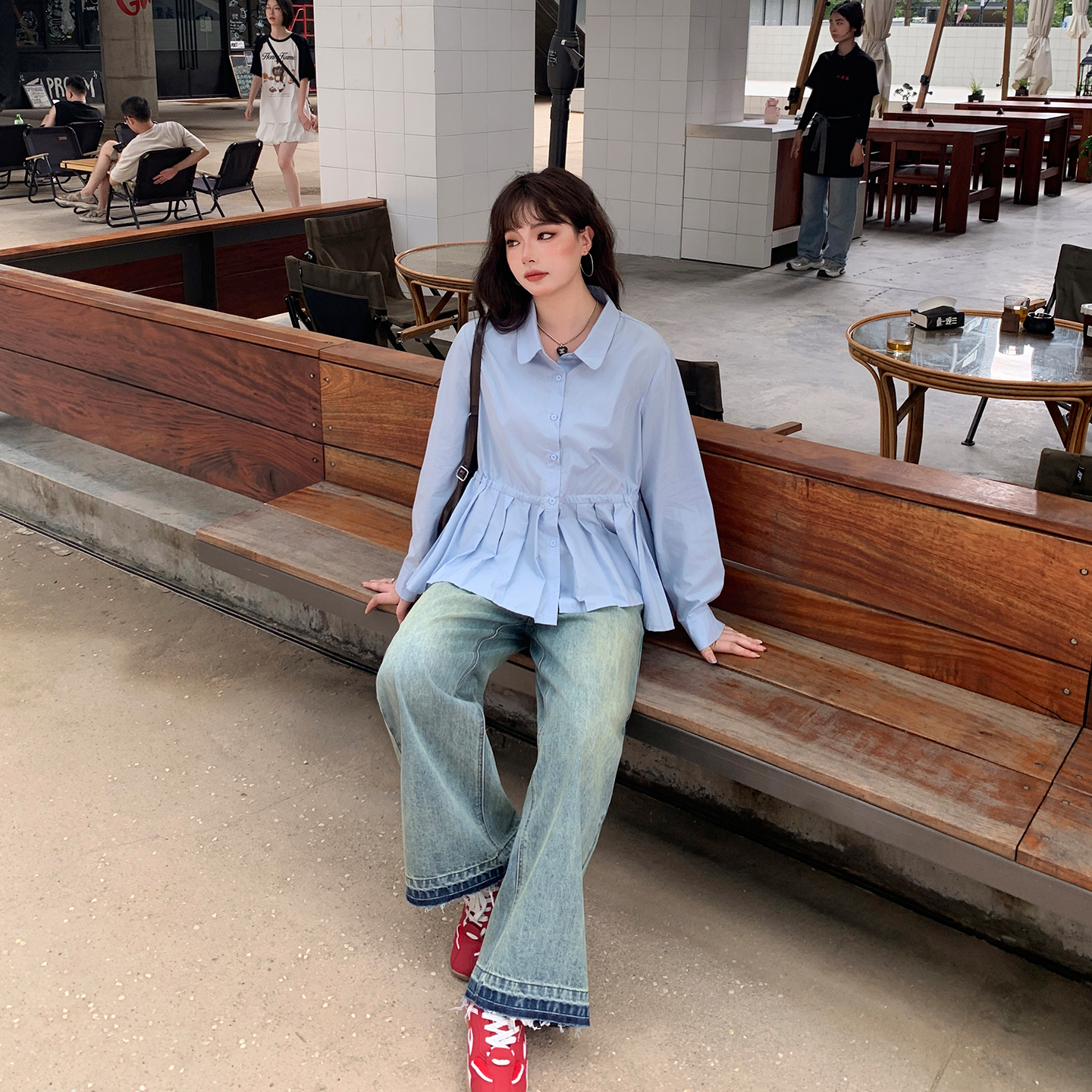 YUZI鱼子天丝衬衫特大码女装baby蓝百褶下摆娃娃领减龄显瘦胖mm - 图0