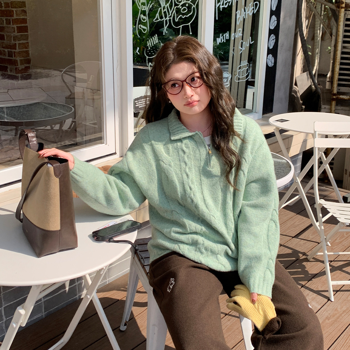 YUZI复古绞花毛衣Polo领浅绿色文艺清新宽松慵懒厚款秋冬大码女装,淘宝优惠券,粉丝福利购,淘宝优惠卷