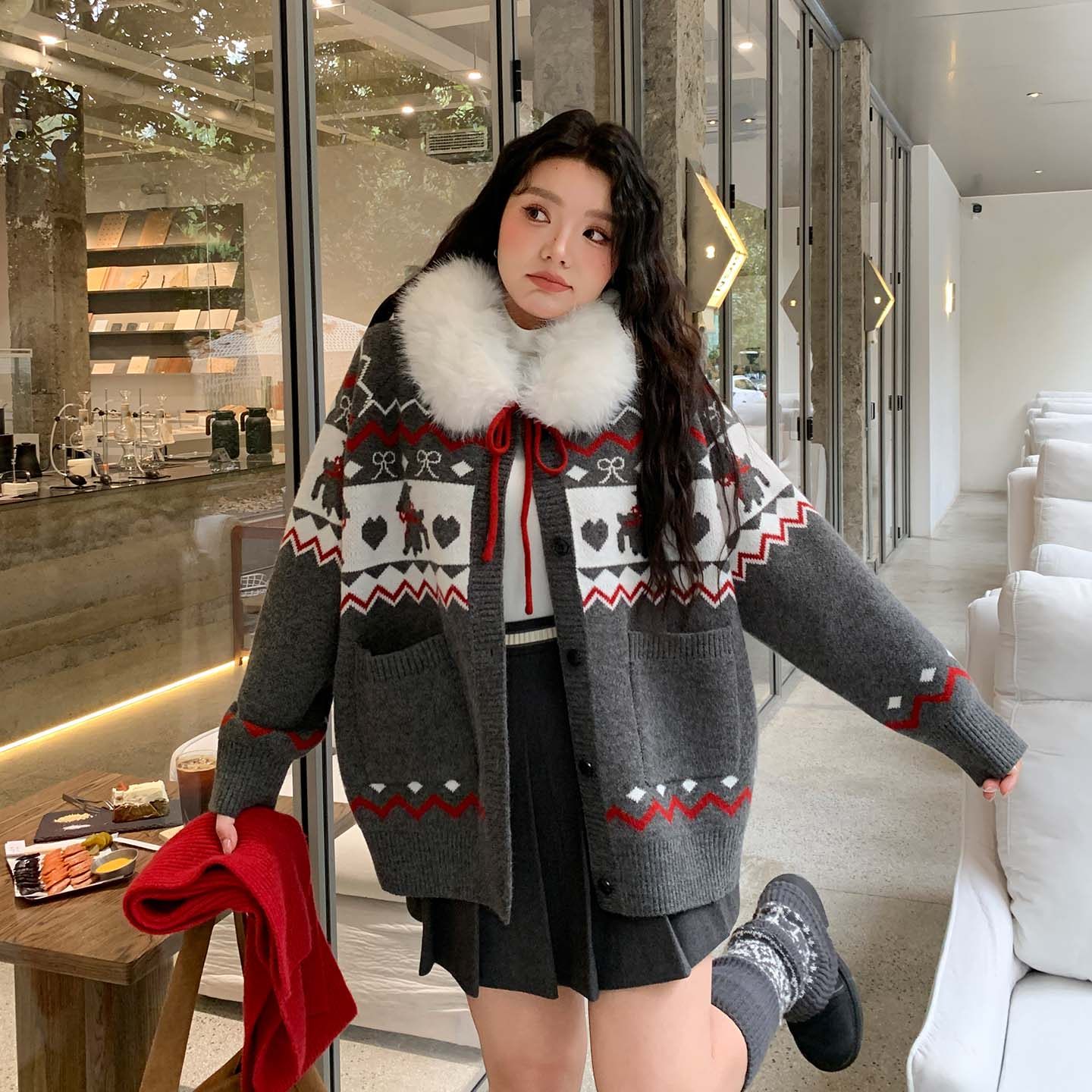 YUZI鱼子费尔岛针织开衫外套大毛领连帽秋冬复古毛衣外套大码女装,淘宝优惠券,粉丝福利购,淘宝优惠卷