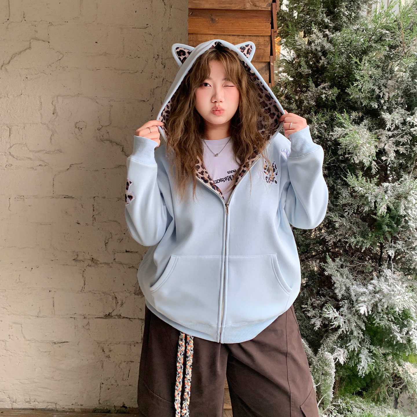 YUZI鱼子baby蓝豹纹连帽卫衣女立体猫耳外套宽松拉链衫大码女装,淘宝优惠券,粉丝福利购,淘宝优惠卷