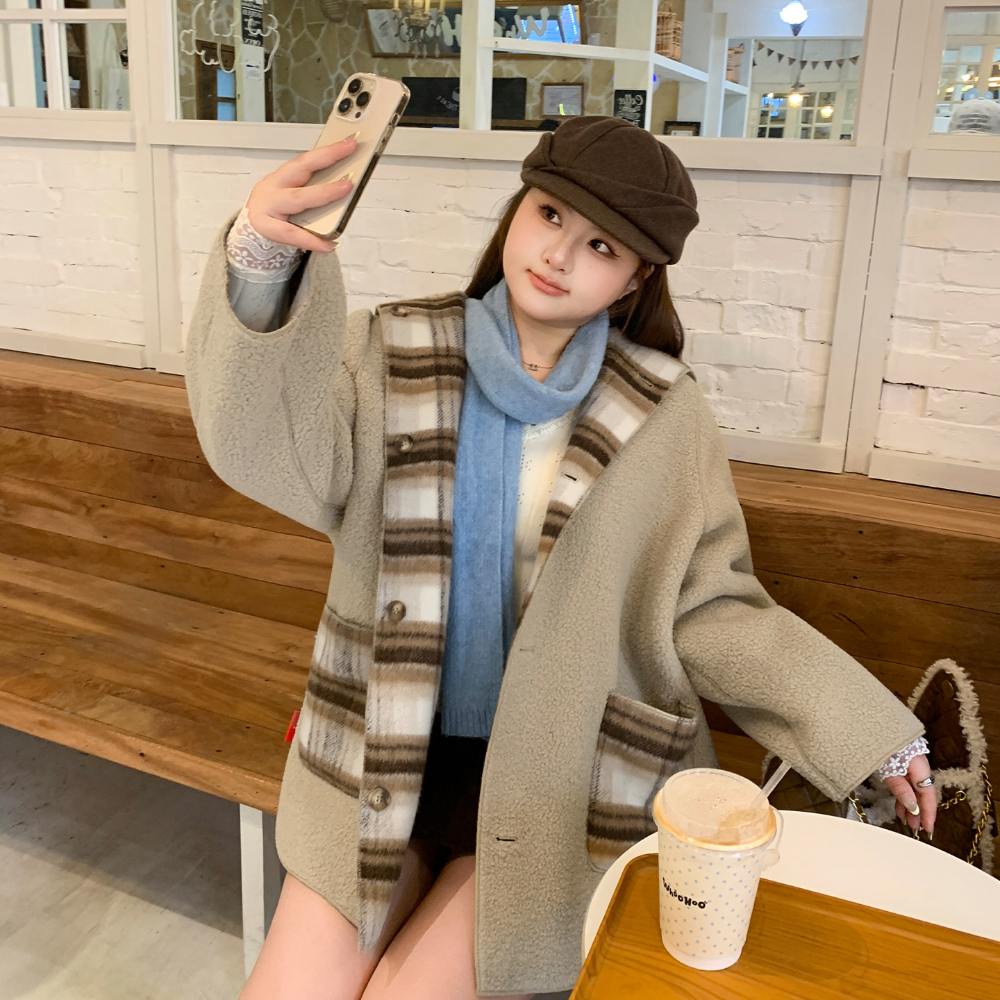 YUZI鱼子撞色格子连帽两面穿羊羔毛大衣秋冬宽松韩系外套大码女装,淘宝优惠券,粉丝福利购,淘宝优惠卷