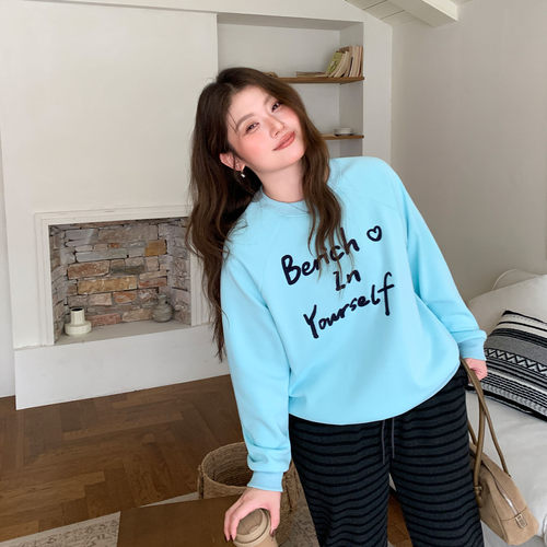 YUZI加厚圆领卫衣湖蓝色落肩袖显白减龄宽松复古百搭春季大码女装 - 图0