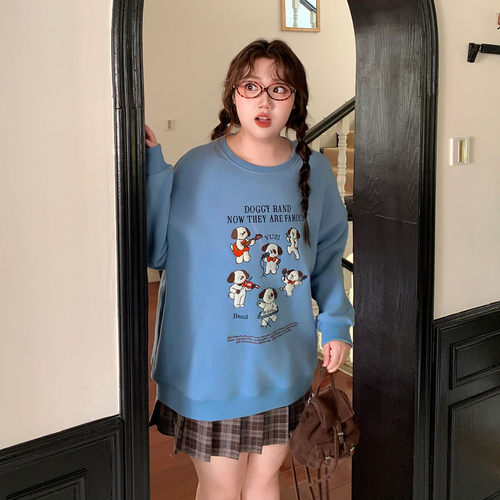 YUZI鱼子加厚小狗刺绣卫衣特大码女装圆领宽松落肩袖减龄可爱胖mm - 图1