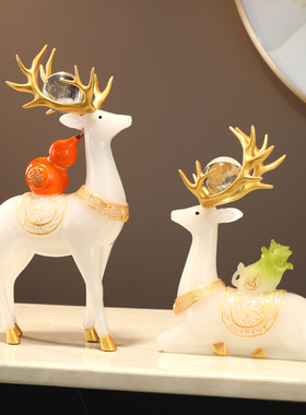 高档仿玉葫芦白菜对鹿摆件酒柜电视柜玄关办公室客厅祝福乔迁礼物