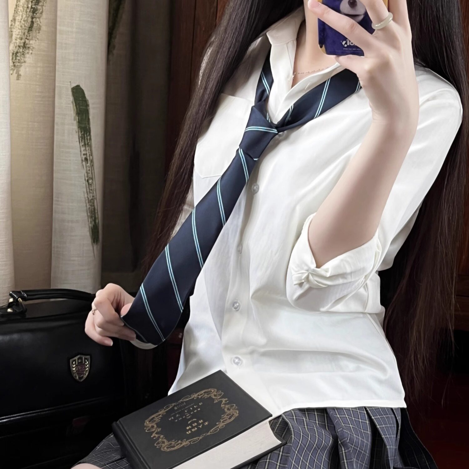 一封信衬衫奶白色条纹暗纹 基础款宽松长袖校供感JK制服衬衫