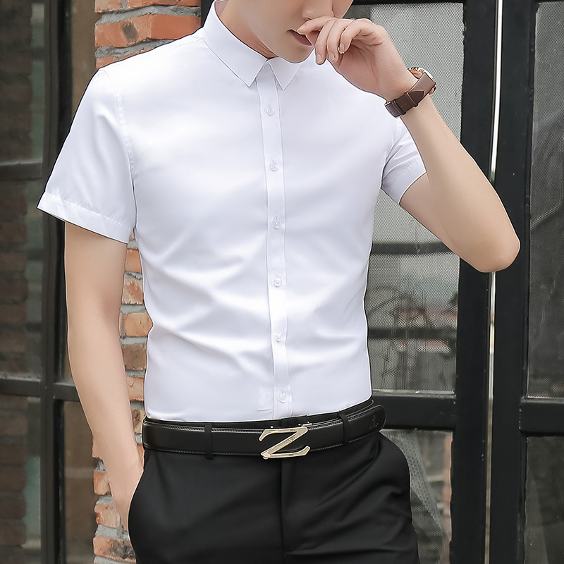 夏季薄款短袖白衬衫男士半袖商务正装2020韩版潮流长袖黑色衬衣寸 - 图1