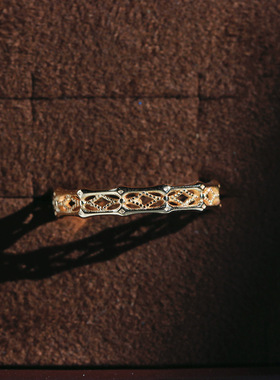 奢华镂空菱形窗花纯银镀金戒指