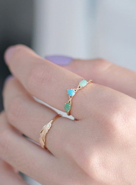 女纯银复古三颗宝石绿松石戒指