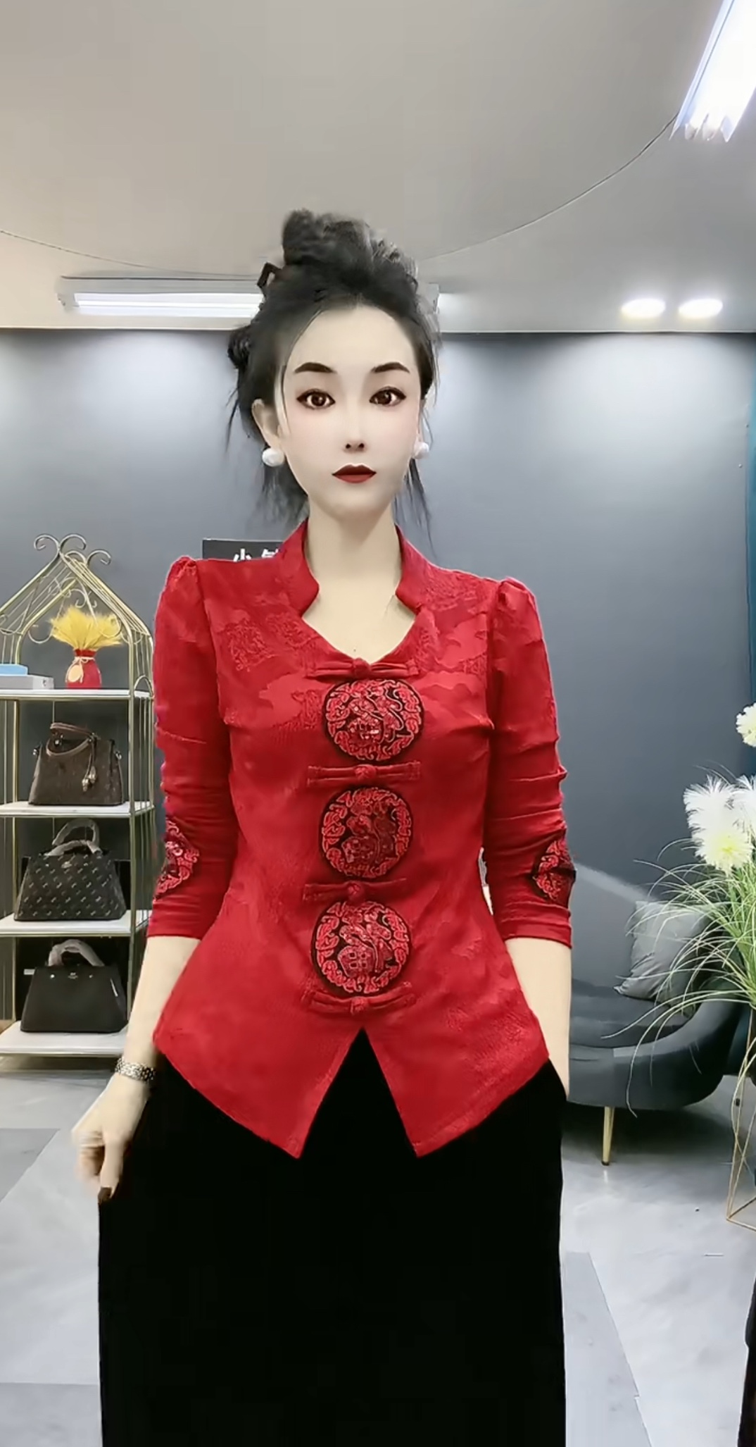 别致绝美红色新中式国风上衣女秋冬高级感本命年新年复古气质小衫