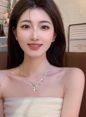 轻奢小众高级感超闪锆石双层叠戴锁骨链气质显瘦拼接设计感项链女