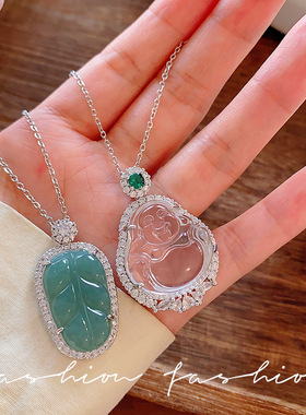 中国风高档仿玉髓佛公树叶吊坠短款项链女轻奢仿翡翠锁骨链送礼物