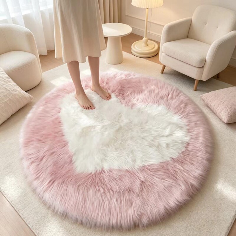 Faux wool plush color block round bedside blanket