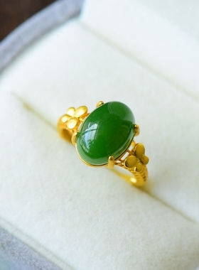 天然和田玉碧玉戒指S925纯银镀金镶嵌蛋圆形戒指时尚个性女友礼物