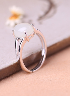 纯银镶和田玉白玉戒指简约大气女