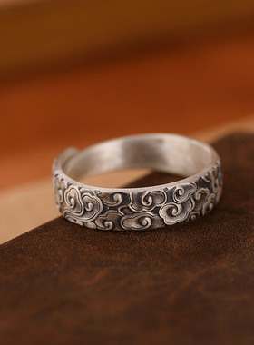 祥玉和S999足银做旧哑光复古祥云梅花莲花中国风女士开口戒指指环