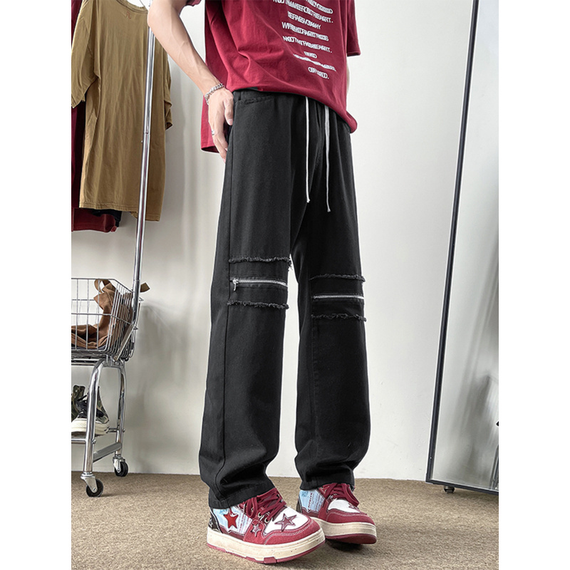 美式水洗破洞抽绳牛仔裤男款潮流ins高街膝盖拉链扎染直筒九分裤 - 图2