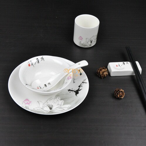 酒店餐厅摆台陶瓷餐具 碗碟茶杯茶壶组合套装 中式水墨画荷花莲花 - 图1
