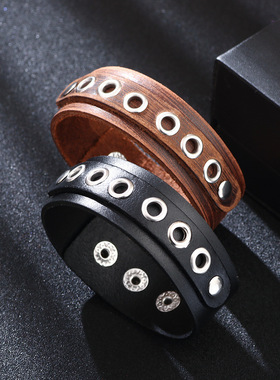 Temu新款真皮手链欧美跨境热销金属扣手环复古时尚牛皮饰品男