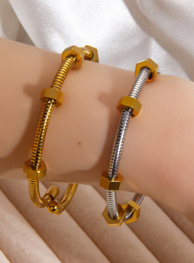 跨境新款欧美六角螺母弹力开口手镯钛钢时尚潮流嘻哈手环男女