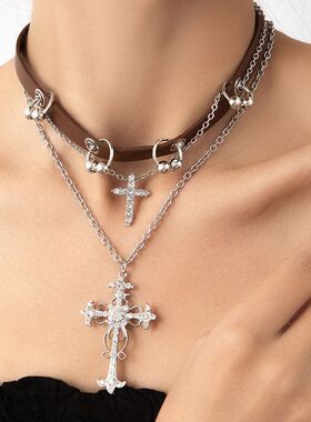 暗黑系哥特朋克辣妹choker十字架锁骨链 跨境爆款重工花朵项饰女