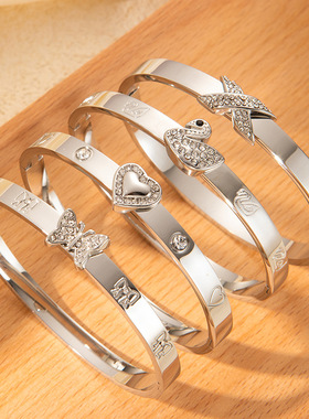 欧美恶魔之眼镶钻卡家手镯钛钢时尚百搭爱心天鹅蝴蝶锆石