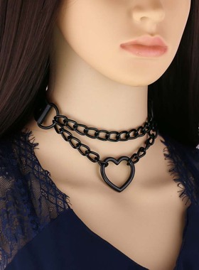欧美原宿桃心黑链条项圈项链时尚潮流PU皮质爱心颈圈颈脖链锁骨