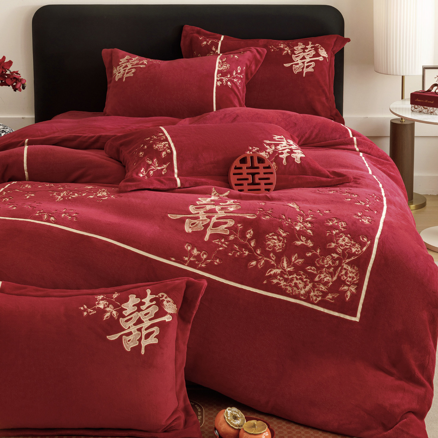 新中式牛奶绒婚庆四件套加厚保暖喜字被套红色冬季珊瑚绒结婚床品,淘宝优惠券,粉丝福利购,淘宝优惠卷