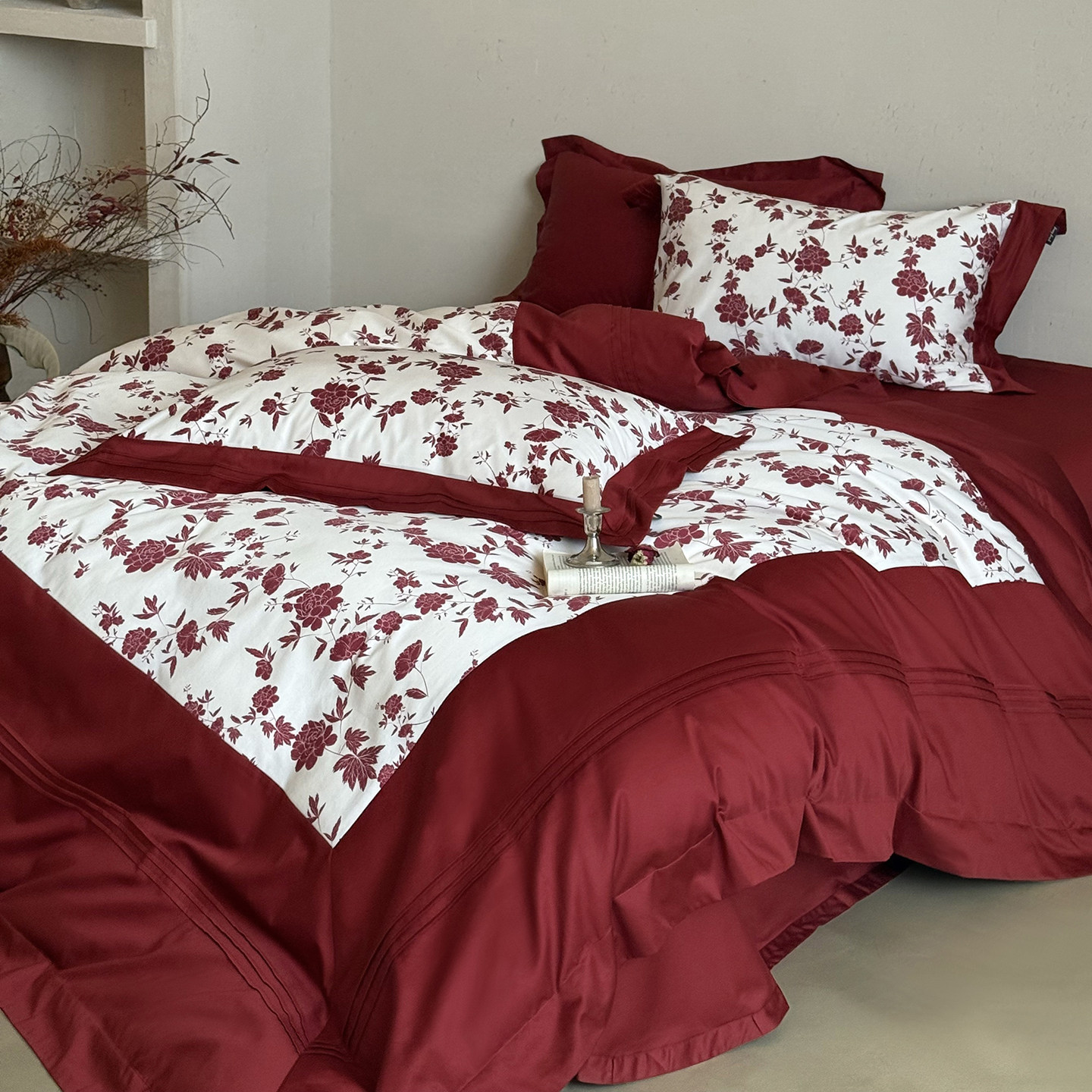 坤花家纺法式婚庆四件套100S长绒棉纯棉玫瑰被套红色结婚喜被床品,淘宝优惠券,粉丝福利购,淘宝优惠卷