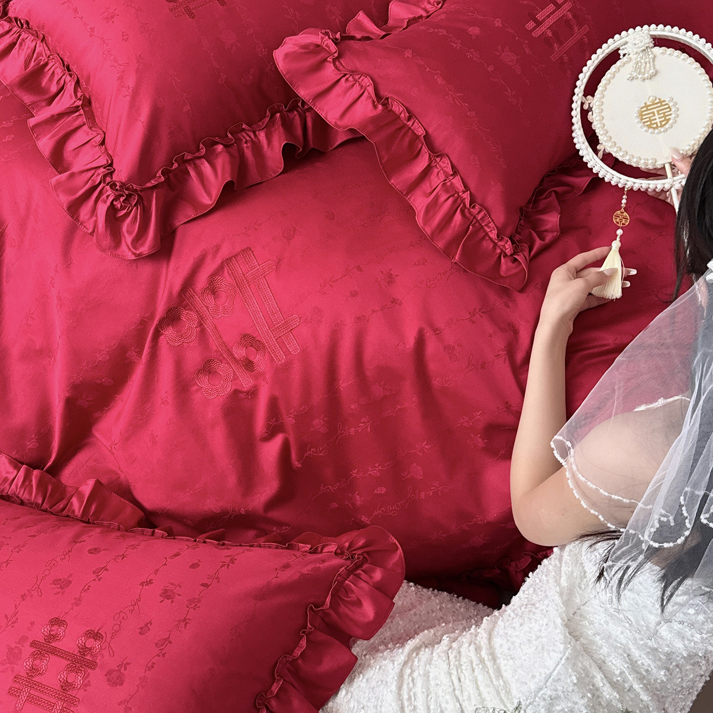 浪漫法式婚庆四件套100S纯棉红色花边被套结婚用喜被送礼床单床品,淘宝优惠券,粉丝福利购,淘宝优惠卷