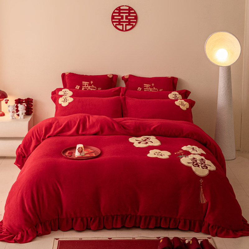 牛奶绒婚庆四件套冬季加厚珊瑚绒花边被套红色法兰绒结婚床上用品,淘宝优惠券,粉丝福利购,淘宝优惠卷