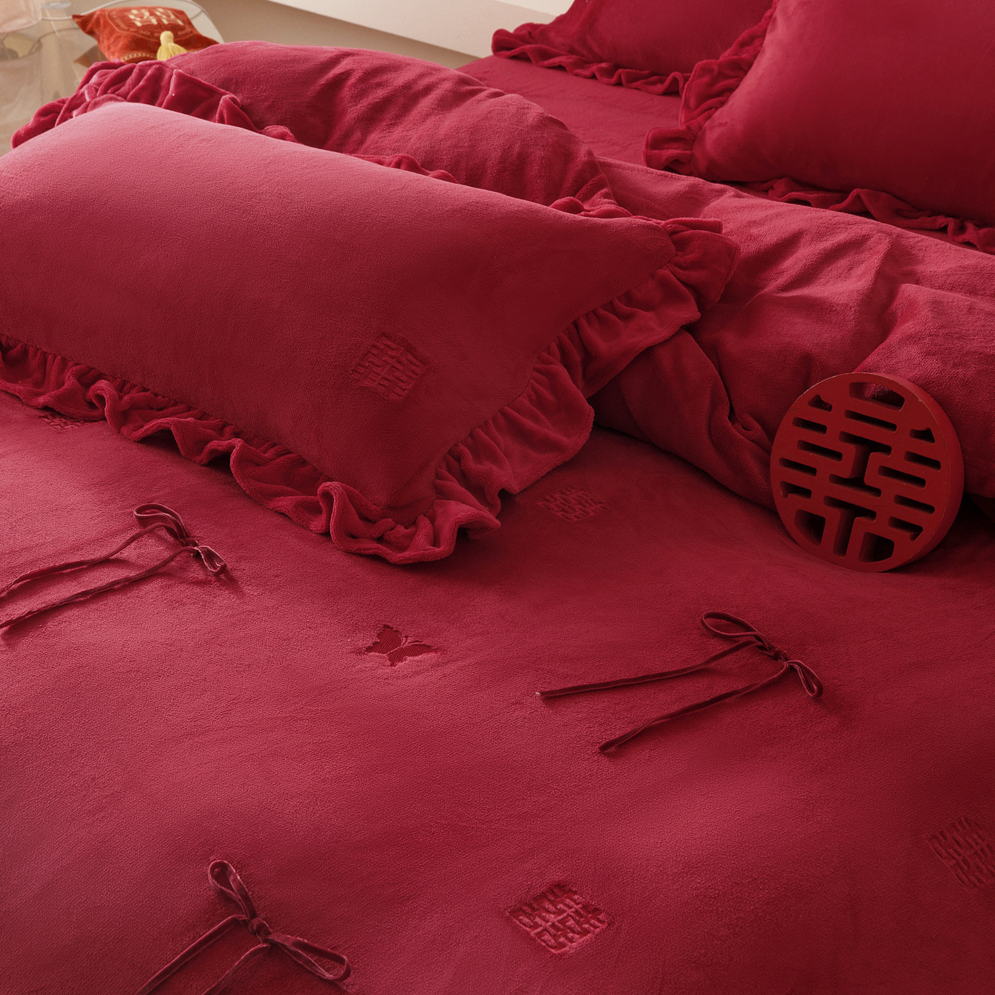 法式牛奶绒婚庆四件套加厚保暖蝴蝶结被套红色冬季珊瑚绒结婚床品,淘宝优惠券,粉丝福利购,淘宝优惠卷