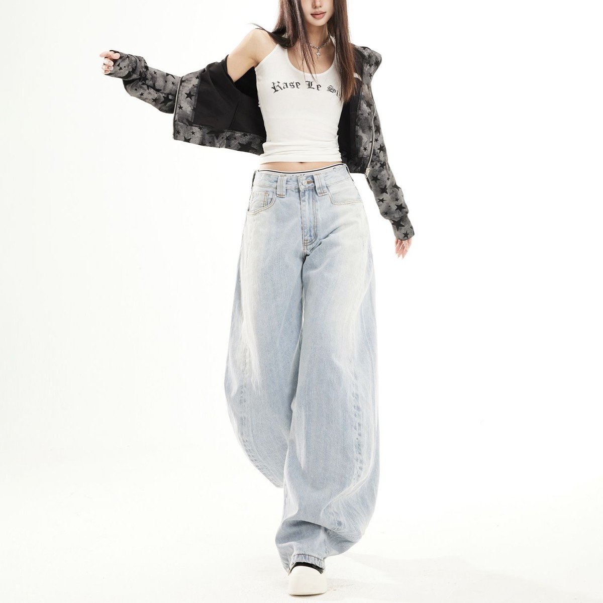 欧美中性弯刀牛仔裤男女春秋新款宽松显瘦韩版潮酷百搭阔腿裤长裤,淘宝优惠券,粉丝福利购,淘宝优惠卷