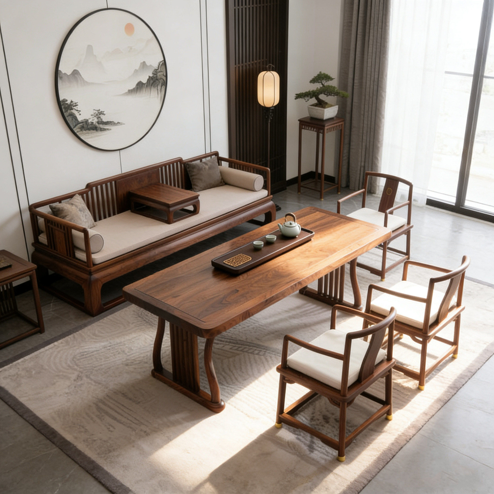新中式黑胡桃木茶桌2026新款宋式美学罗汉床禅意办公室泡茶桌家具,淘宝优惠券,粉丝福利购,淘宝优惠卷