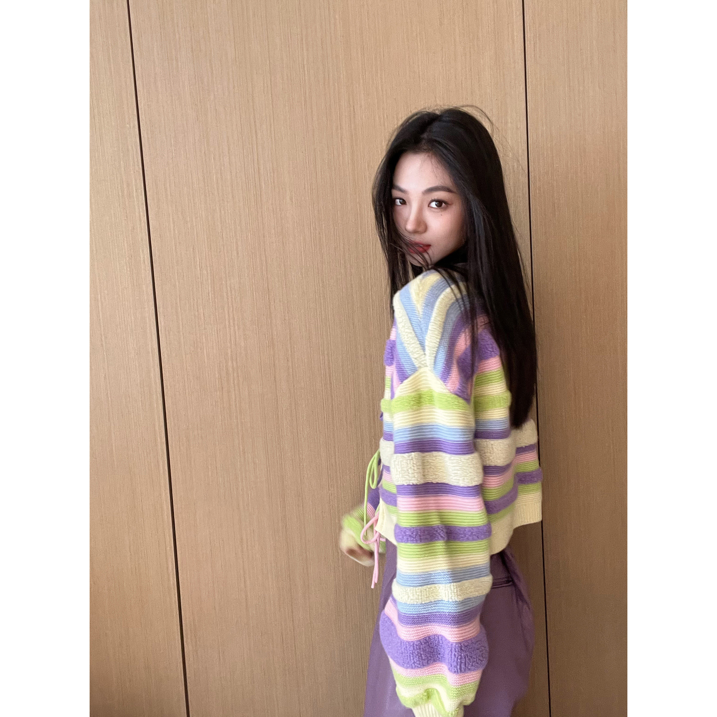 NancyCavally糖心奶栗 R标100纯羊毛 彩虹条纹蝴蝶结系带针织毛衣