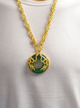 铜镀金双龙绿玉髓男士复古项链