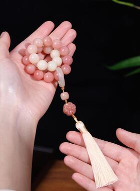 少女樱花粉手持白玉菩提根手串女学生盘玩情侣菩提子文玩盘串手链