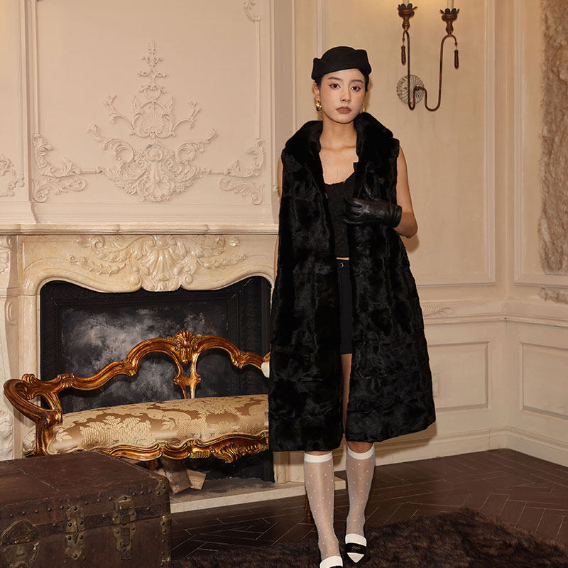 茉萱 黑金爵士 进口水貂外套马甲长背心黑色带帽横排貂皮大衣女,淘宝优惠券,粉丝福利购,淘宝优惠卷