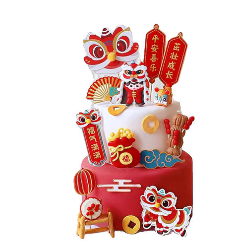 中式国潮风舞狮蛋糕装饰宝宝抓周生日满月周岁舞狮派对甜品台装扮 - 图3