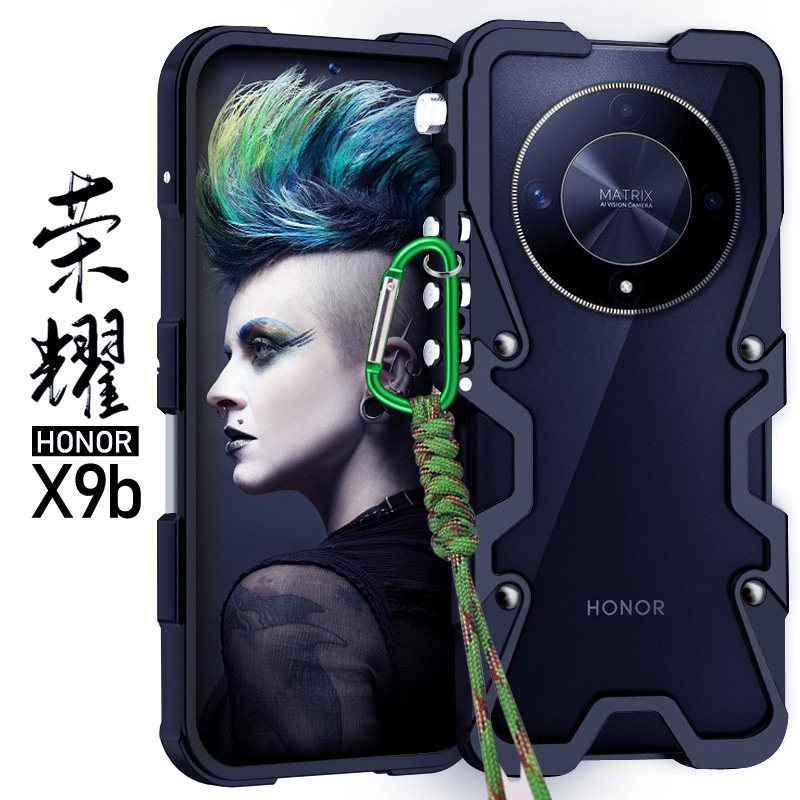 适用于荣耀X9C金属边框式手机壳X9b铝合金保护套X9a硬外壳X8c挂绳手绳X8a透气散热简约机械臂复古加厚潮男帅 - 图2