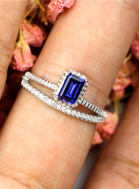 长方形双层戒指蓝色通勤ins活口