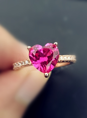 潮人气质925纯银戒指红碧玺心形