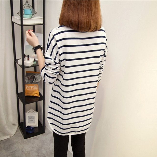 Women's long-sleeved mid-length round neck striped T-shirt
